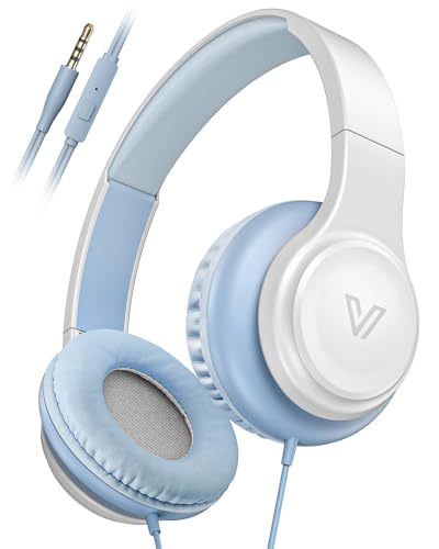 GE01 On-Ear Headphones w/Mic, Portable Lightweight Folding Stereo Bass Headphones for Smartphone, Tablet, Computer - Kids School (Blue)