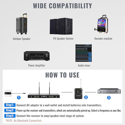 Phenyx Pro 4-Ch UHF Headset/Lapel Wireless Microphone System PTU-5200-4B | 4 Bodypacks, 4 x 25 Frequencies, 200 ft Range, Hands-Free Vocals, Stage Performances, Church Services