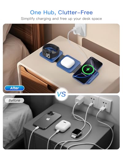 Iseyyox Charging Station for Apple Devices - 3 in 1 Magnetic Foldable Wireless Charger Dock - Travel Charging Pad for MagSafe iPhone 17 16 15 14 13 12 Pro Max Plus Watch & Airpods - color: Blue