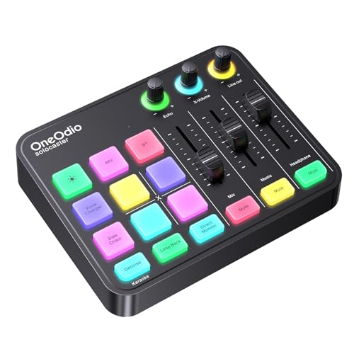 OneOdio Solocaster Gaming Audio Mixer, 5-Channel Interface, 48V XLR | Bluetooth, RGB lighting, USB-C and 3.5mm inputs for beginner streaming, podcasting, karaoke and PC, Mac or mobile use