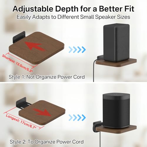 Aiweiwa Small Speaker Shelf Wall Mount Pair, 5.3" x 6.7" Adjustable Rear Speaker Wall Mount Shelves for Small Surround Sound Speakers, Wooden Floating Speaker Wall Shelves, Up to 7 lbs Per Shelf
