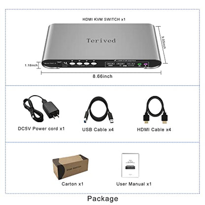 HDMI KVM Switch 4 in 1 Out with Hotkey Mouse Switching, Audio Mic Support, 4K@60Hz, USB 3.0 Hub, Digital Display, Terived Aluminum KVM with Cables Included - style: 4 Computers 1 HDMI Monitor USB 3.0