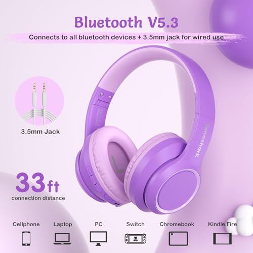 TONOSHARK Kids Bluetooth Headphones with ANC for School Travel Gift | Wireless Over-Ear Headphones for Boys Girls, Foldable, Adjustable, Safe Volume, 40H Playtime, Mic for School Travel - color: Purple
