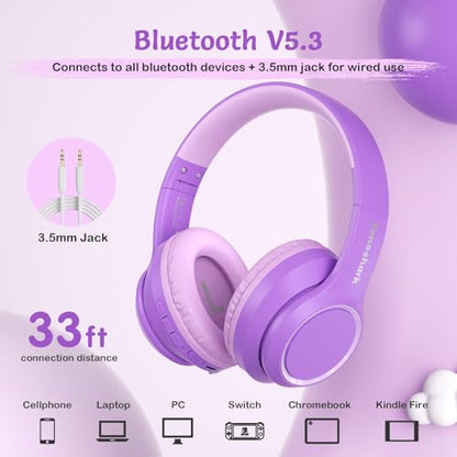 TONOSHARK Kids Bluetooth Headphones with ANC for School Travel Gift | Wireless Over-Ear Headphones for Boys Girls, Foldable, Adjustable, Safe Volume, 40H Playtime, Mic for School Travel - color: Purple