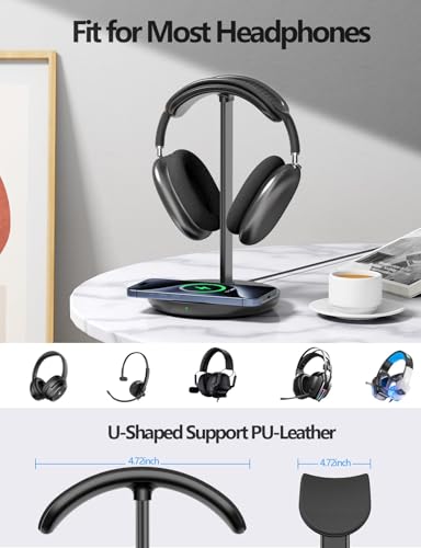Miroddi Headphone Stand with Wireless Charger, Independent USB Charging Port, 5 in 1 Charging Station Headset Holder Rack for AirPods Max/Pro/4/3/2, iWatch, iPhone, Samsung and Desk Headphones, Black - color: Black-Upgrade