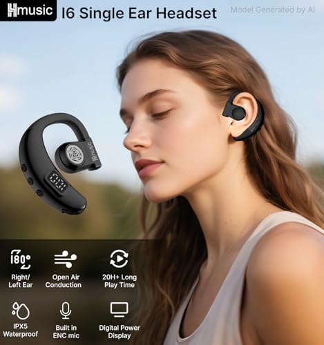Hmusic I6 Bluetooth Earpiece – Single Ear Headset with ENC Mic, Bluetooth 5.4, 20H Battery with LED Power Display, 180° Rotatable Wireless Headset for Work, Driving & Office Calls | 180° Rotatable Earbud, ENC Mic, 20H Battery with LED Power Display, Mono