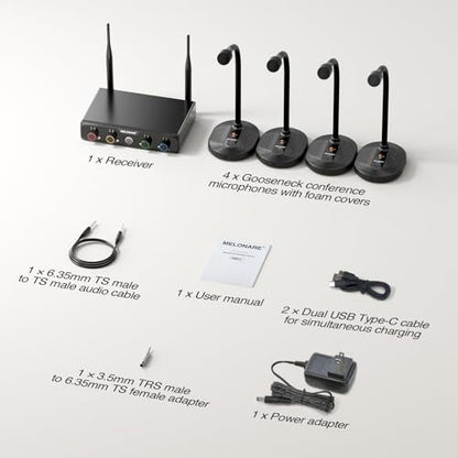 MELONARE 4-Channel Wireless Conference Microphone System MWM-41-4G | 4 gooseneck mics, 4 x 10 frequencies, 200 ft range, UHF cordless setup for lecture, church, conference and public speaking - size: 4 Gooseneck Mics