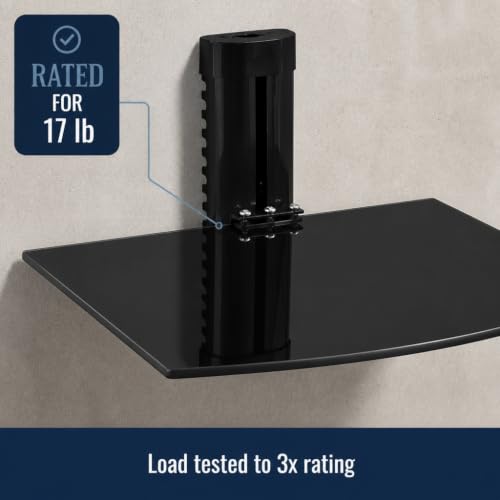 Mount-It! Floating TV Shelf, Tempered Glass, Aluminum Frame, Black - style: 1-shelf