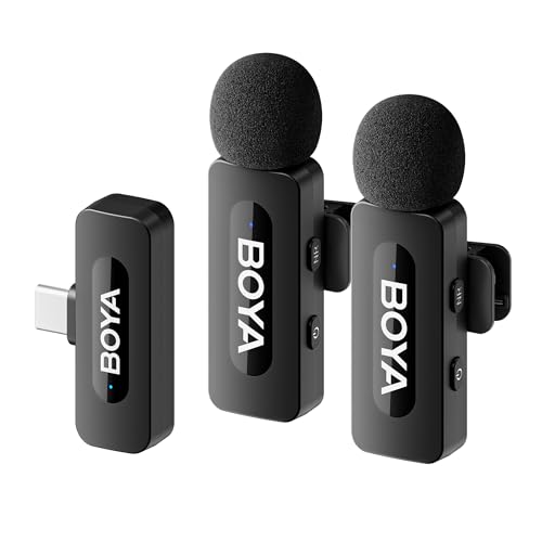 BOYA BY-V20 USB-C Wireless Microphone for Android Type-C,iPhone 16/15,328FT Los Range,9H Battery,Noise Reduction Mini Wireless Lavalier Lapel Mics for Interview YouTube TikTok(2TX+1RX) - style: BY-V20(2TX+RXU)