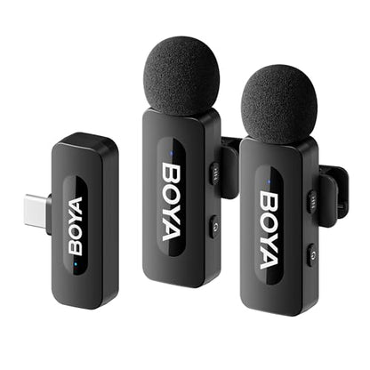 BOYA BY-V20 USB-C Wireless Microphone for Android Type-C,iPhone 16/15,328FT Los Range,9H Battery,Noise Reduction Mini Wireless Lavalier Lapel Mics for Interview YouTube TikTok(2TX+1RX) - style: BY-V20(2TX+RXU)
