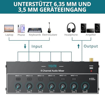 Mini Audio Mixer, 6 Channel Stereo Line Mixer 1/4" & 1/8" TSR Audio Output Input Jack, Line Mixer Stereo/Mono Independent Control and Switch for Guitars,Bass,Keyboards, Dynamic Microphone - size: Large(6-channel)