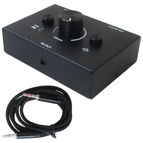 3.5mm L/R Stereo Audio Switch 2-Way Switcher Manual Selector 2(1)-in-1(2)-Out 3.5 mm Audio Selector, Plug & Play