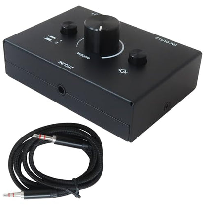 3.5mm L/R Stereo Audio Switch 2-Way Switcher Manual Selector 2(1)-in-1(2)-Out 3.5 mm Audio Selector, Plug & Play