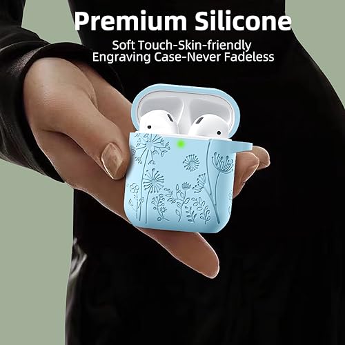 Lerobo for AirPod Case 2nd/1st Generation with Keychain | Flower Engraved Soft Silicone Cover for AirPods 2 Case, Wireless Charging, Shockproof, One-piece Design, Sky Blue - color: Sky Blue