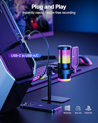 BOYA USB Gaming Microphone, 192kHz/24bit, Supercardioid + ENC Noise Cancellation, Touch Mute, 9 RGB Effects, Gain Knob, Monitor Jack, Microphone for PC/PS4/PS5/Mac/Android/iOS/Streaming/Podcasting - size: Stand Version
