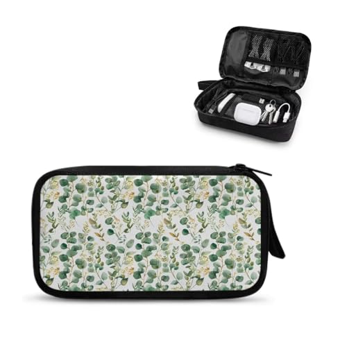 Green Leaf Print Electronic Organizer Travel Case Compatible with Laptop Power Adapter, Compatible with SD Card, USB Flash Disk - color: Green Leaf Print