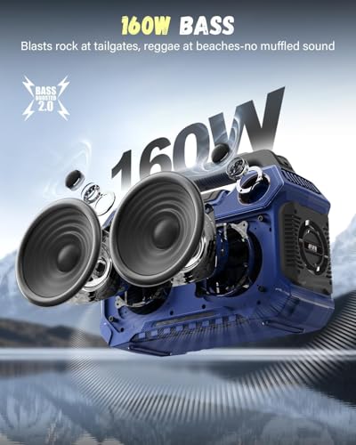 Outdoor Bluetooth Speaker 160W: IP67 Waterproof, 24H, TWS | Rugged portable speaker with deep bass, LED lights, TWS pairing for parties, beach, travel, camping, garage - color: Blue