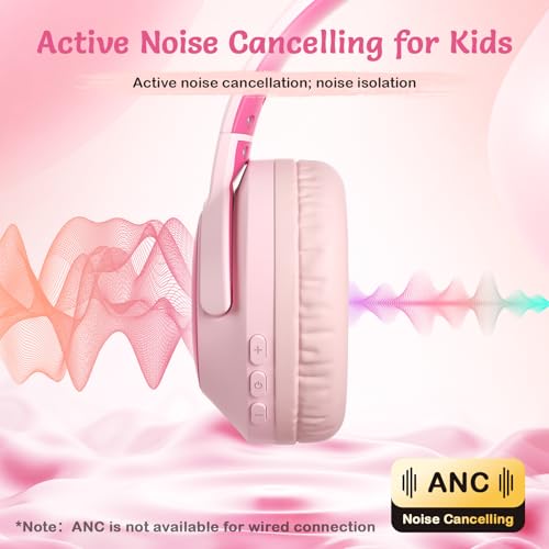TONOSHARK Kids Bluetooth Headphones with ANC, Wireless Over-Ear Headset | for Boys and Girls, Foldable & Adjustable, Ideal for School, Travel and Online Learning(Light pink) - color: Pink