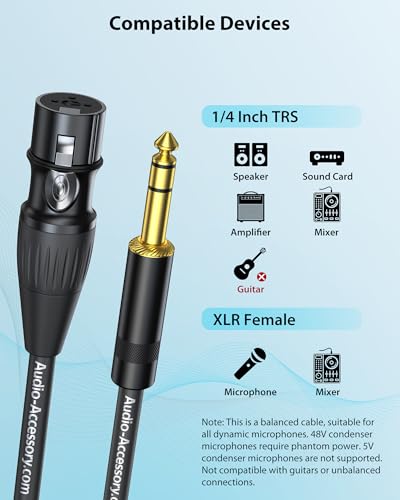 AA AUDIO ACCESSORY XLR Female to 1/4 Cable with XLR Cable 10ft Bundle, Rean Connectors from Neutrik, Kevlar-Reinforced Nylon Braided TRS Cable, Balanced Quarter Inch Cord, OFC - size: 10ft, style: XLR Female to 1/4 & XLR Cable