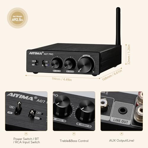AIYIMA A07 Pro TPA3255 Stereo Amplifier Bluetooth 5.2 300Wx2 HiFi Class D Amp 2.0/2.1 Channel Audio Power Amp for Home Audio Speaker with Bass Treble knobs& 3.5mm Line Output,Supports 24-48V | Desktop Receiver with Bass/Treble Tone Controls.Class D Integr