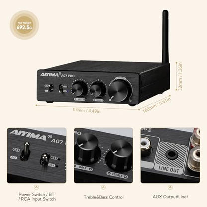 AIYIMA A07 Pro TPA3255 Stereo Amplifier Bluetooth 5.2 300Wx2 HiFi Class D Amp 2.0/2.1 Channel Audio Power Amp for Home Audio Speaker with Bass Treble knobs& 3.5mm Line Output,Supports 24-48V | Desktop Receiver with Bass/Treble Tone Controls.Class D Integr