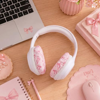 Fanfanwin 2 Pairs Pink Bow Flex Fabric Headphones Covers Stretchable Washable Ear Cup Protectors Sweat Resistant Ear Pad Sleeves Headphone Accessories for Gym Library Study Gaming 3.54inch - style: Pink Bow