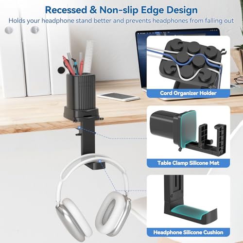 KDD Rotatable Headphone Holder with Cord Organizer - 3 in 1 Desk Clamp Pencil Holder & Headset Hanger - Pen Organizer for Office Accessories Charging Cables