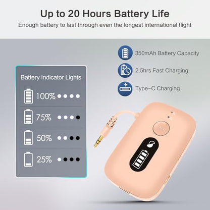 SIMOLIO Airplane Bluetooth Adapter, 20 Hr Playtime, Supports 2 Earbuds/Wireless Headphones, 3.5mm AUX Wireless Audio Transmitter for TV, Gym Equipment, Controller, MP3 Player - color: Pink