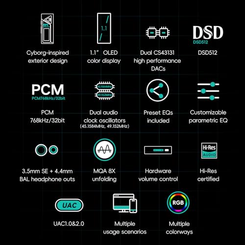 HiBy FC4 USB DAC MQA Dongle 1.1”OLED DSD512 PCM 768 EQ&PEQ 3.5mm SE + 4.4mm BAL Headphone Outs Hi-Res Audio Certified Portable DAC Amp - color: Green, size: FC4