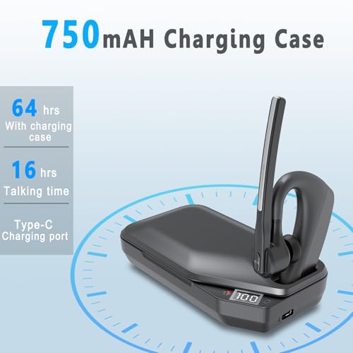 Conambo K10C Bluetooth Headset & Charging Case, Dual Mic Noise Canceling Mono Wireless Headset for Cellphone with up to 64Hrs Talk Time Hand-Free Bluetooth Earpiece for Trucker Business Office Work