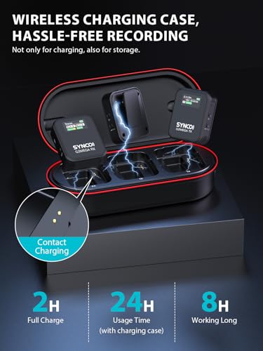 SYNCO Wireless Microphone System with Charging Case, G2A2 MEGA Dual Transmitter 8GB Storage of 24H 656ft Video Recording Streaming for Camera/Phone/PC/Laptop, Wireless-Lav-Mic-for-Camera | 24Bit Dual Channel Professional Mic for Creators, Noise Canceling