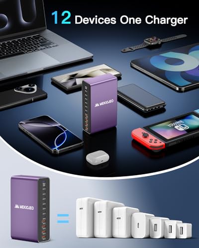 MEKIOJEO 12 Ports Aluminum Alloy 380W Charging Station USB C Charger Block | 65W Laptop Fast GaN Charger for MacBook Pro/Air/iPad Pro/iPhone (Purple) - color: Purple