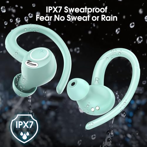 Wireless Earbuds with Earhook, 48H Deep Bass/ENC Mic Ear Buds Misty Blue | Wireless Earphone with LED Display, Bluetooth 5.3 Headphones In Ear, IPX7 Waterproof Over Ear Buds for Running/Workout - color: Misty Blue