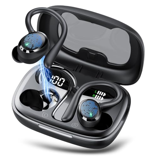 KT1 Bluetooth Headphones Wireless Earbuds 72hrs Playtime Wireless Charging Case Digital Display, Ear Buds with Earhook,IPX7 Waterproof, Deep Bass 2.0,Over-Ear Earphones for Sport Running, Black - color: Black