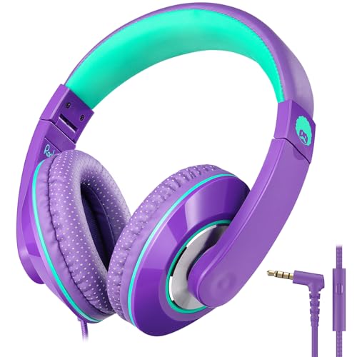 rockpapa Comfort+ Kids Headphones with Microphone, Boys Girls Student Over-Ear Headphones Wired Foldable for School Classroom Laptop PC Computer Tablet Purple Green - color: Purple/Teal