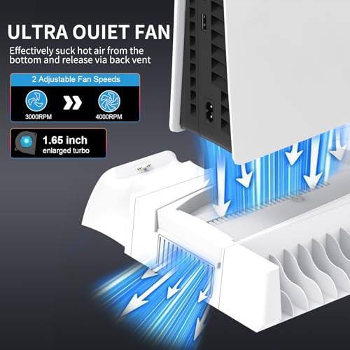 PS5 / PS5 Slim Cooling Station with Controller Charging Station, Cooling Stand for PlayStation 5 Console, PS 5 Dock Accessories Organizer with Storage Slot, PS 5 Cooler Fan, Headset Holder, 4 USB Hub