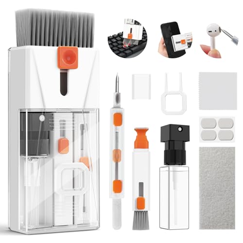 Keyboard Cleaner & Laptop Cleaning Kit, 15ml Spray, All-in-1 for Computer | Retractable Brush, Microfiber & Polishing Cloth, Keycap Puller, 3-in-1 Earbuds & Lens Pen, Safe for Airpod PC iPhone MacBook