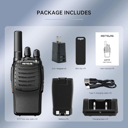Retevis H777 Walkie Talkies for Adults with Clear Audio, Flashlight USB C | Rechargeable Portable FRS-Two Way Radio 10 Pack for School Event Planning, Emergency Alarm, Short Antenna, Compact to Carry - style: Without Screen