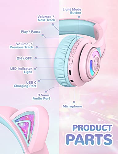 Cat Ear Bluetooth Headphones by iClever | SafeSound Tech, 50H Playtime, USB C Charging, AUX Cable, Stereo Sound, Kids Headphones Wireless with Mic for Tablet, Pink - color: Pink