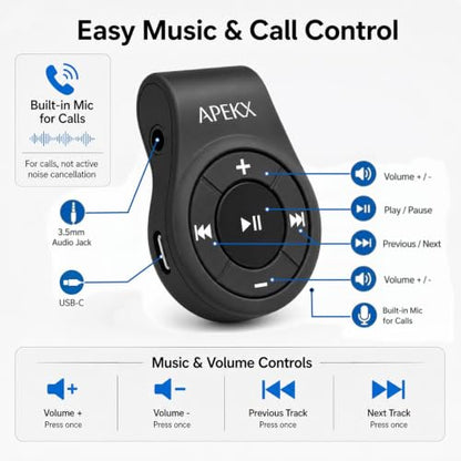 Clip Bluetooth Adapter & Receiver w/Mic for 3.5mm Headphone &Car Aux | Bluetooth Car Adapter, Wireless Audio Receiver w/ Built-in Mic for Hands-Free Call and Music