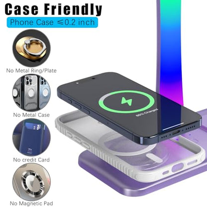 Headphone Stand with Wireless Charger,Gaming Headset stand with RGB Light,For Airpod Max Stand Compatible with Airpod Pro/3/2,For iPhone 17/16/15/14/13/12/11,Gifts for Gamers & Music Lover (Purple) - color: Purple