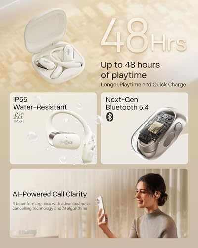 SHOKZ OpenFit 2 Open-Ear Earhook Bluetooth Earbuds, White,48H Playtime | Bundle with Carrying Bag; Powerful bass; IP55 Water-Resistant; AI call clarity; Bluetooth 5.4; Gym/outdoor/home use - color: Beige, style: Charging：USB-C