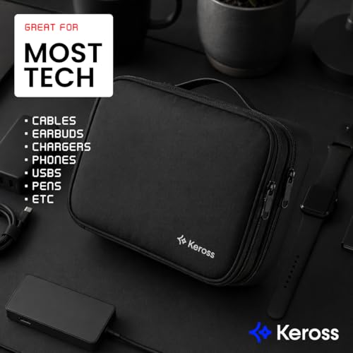 Keross Cable Organizer Bag for Travel with Removable Dividers – Electronics Organizer Case for Chargers, Cables, Power Banks & Accessories, Large Capacity Tech Pouch for Work, Desk & Travel