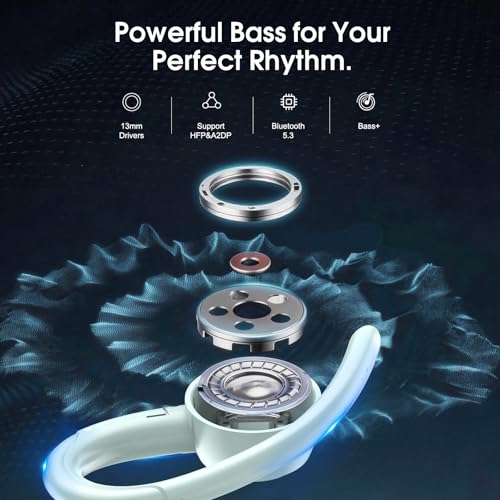 Wireless Earbuds with Earhook, 48H Deep Bass/ENC Mic Ear Buds Misty Blue | Wireless Earphone with LED Display, Bluetooth 5.3 Headphones In Ear, IPX7 Waterproof Over Ear Buds for Running/Workout - color: Misty Blue