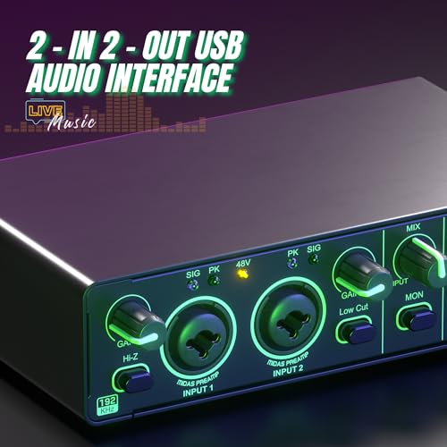 2X2 USB Audio Interface for PC Mac Laptop, 24Bit 192kHz for Computer Recording, Guitar, Streaming, Podcasting, with 48V Phantom Power, XLR TSR TS Ports