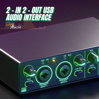 2X2 USB Audio Interface for PC Mac Laptop, 24Bit 192kHz for Computer Recording, Guitar, Streaming, Podcasting, with 48V Phantom Power, XLR TSR TS Ports