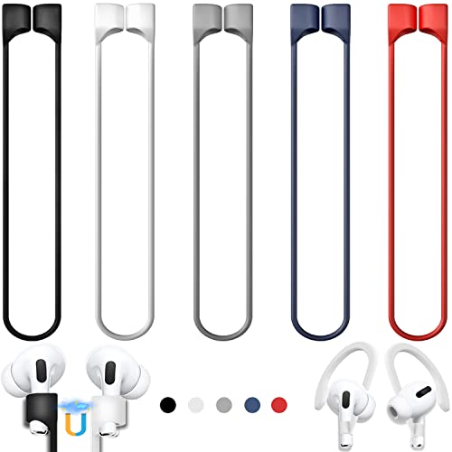 Mooyavia Ultra Strong Magnetic Anti-Lost Strap for AirPods Pro, 5 Pack | Compatible with AirPods Pro 3/2/1 & AirPods 4/3/2/1,Soft Silicone Sport Neck Lanyard,with 1 Pairs Anti Lost Earhook - color: A4-black+white+red+grey+blue