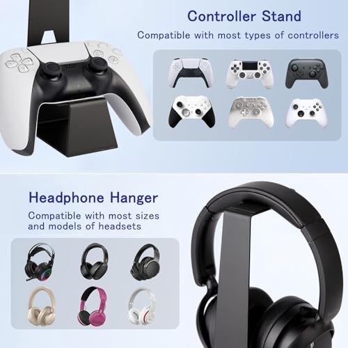 Headphone and Controller Stand Gaming Headset Stand Metal | Headphone Stand with Controller Holder Creative Gift for Teens, Gamers, Gaming Equipment Accessories for Desk Black