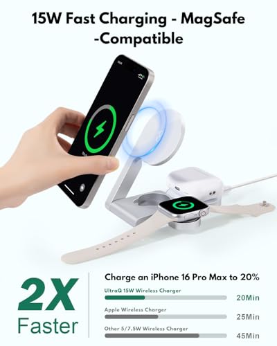 2026 3 in 1 Wireless Charging Station Mag-Safe Fast Charging Station for Apple MagSafe Charger, with USB C Charger, Foldable Charging Magnetic Wireless Charger Stand, Space Aluminum Travel Charger - color: Silvery