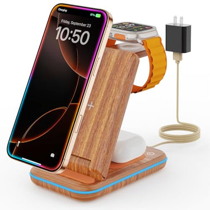 Wireless Charging Station: GEEKERA 3 in 1 Foldable Wireless Charger Stand for iPhone 17/16/15/14/13/12/11/Pro Max/X/8, Charging Station for Apple Watch Ultra/SE/11/10/9/8/7/6/5/4, AirPods 4/3/2/Pro - color: Dark Wood